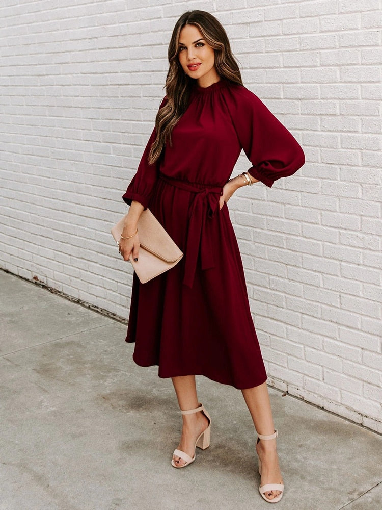Refined Office Dress Formal Loose Green Long Sleeve Belt ALine Midi Dresses