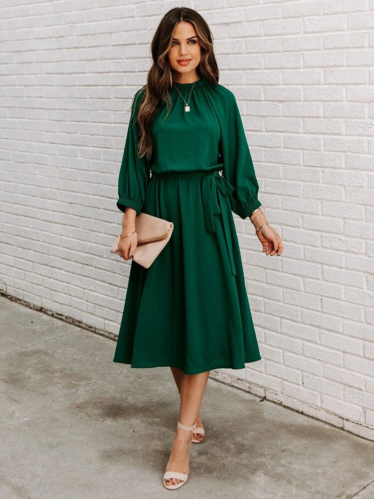 Refined Office Dress Formal Loose Green Long Sleeve Belt ALine Midi Dresses