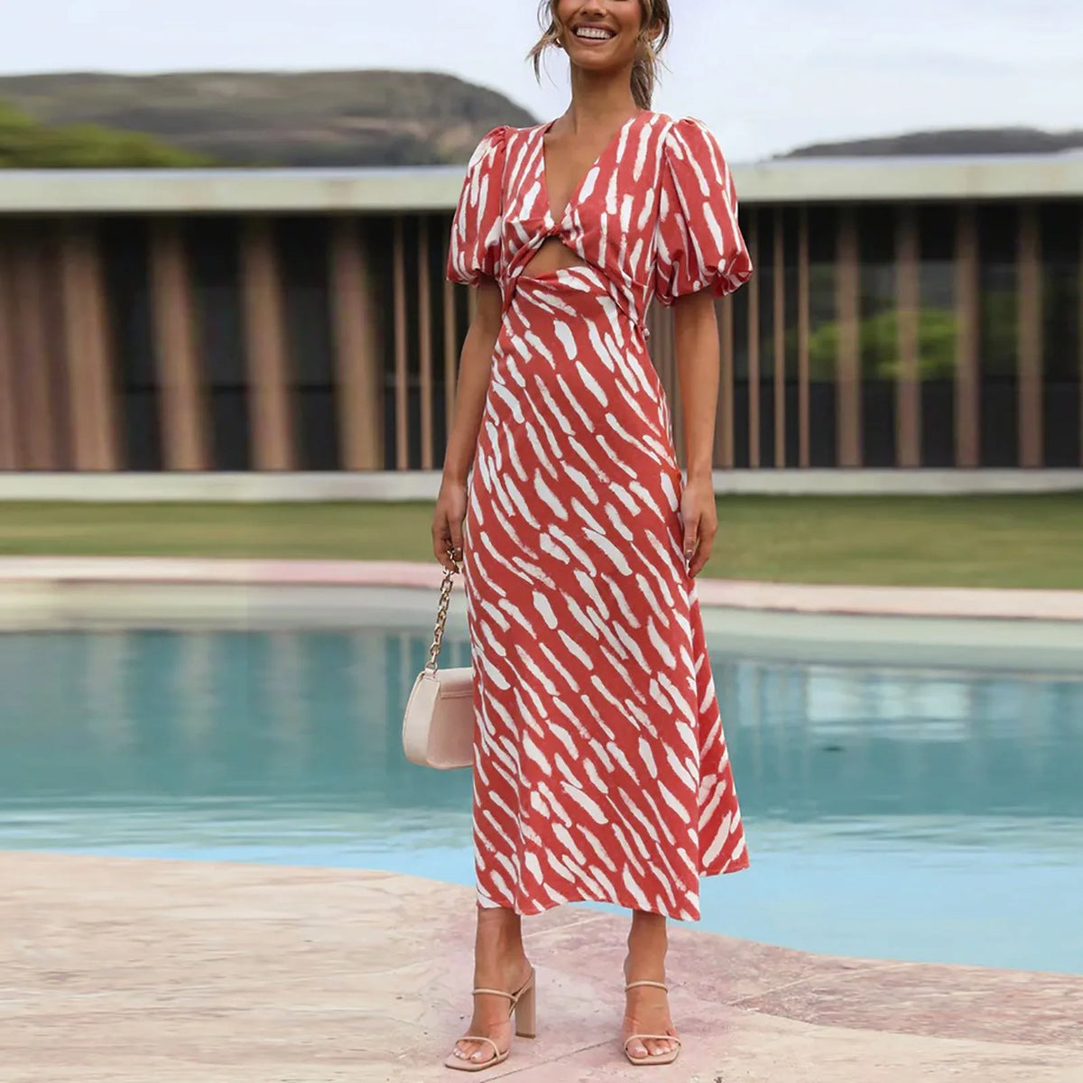Refined Boho Stripe Print VNeck Puff Sleeve Midi Dress