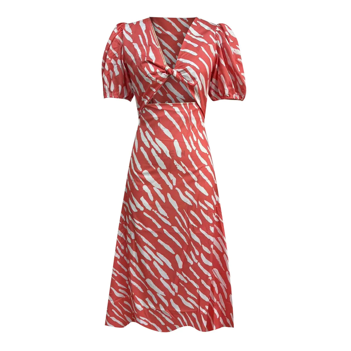 Refined Boho Stripe Print VNeck Puff Sleeve Midi Dress