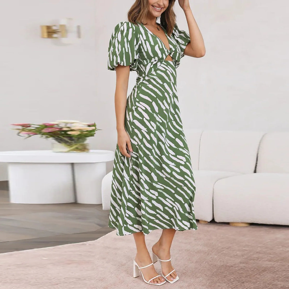 Refined Boho Stripe Print VNeck Puff Sleeve Midi Dress