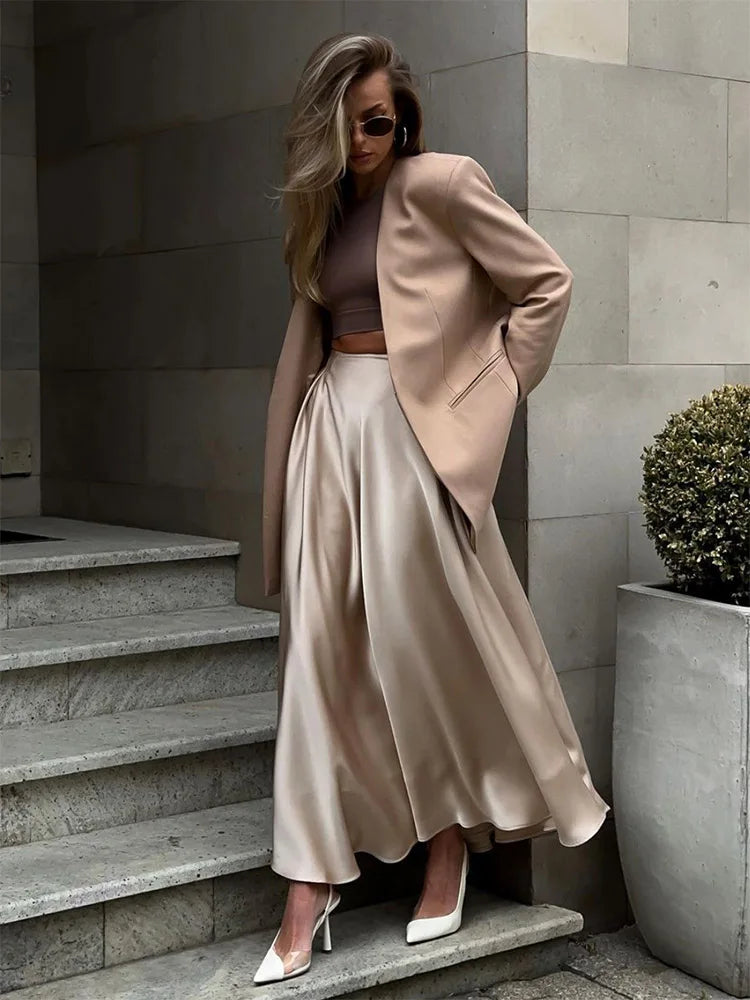 Refined Satin Loose High Waist Maxi Streetwear Fashion Black Skirt