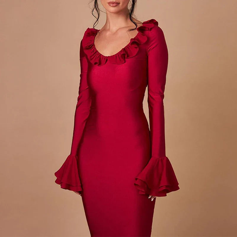 2024 Refined Solid Color O Neck Flare Sleeve Laceup Ruffles Maxi Dress