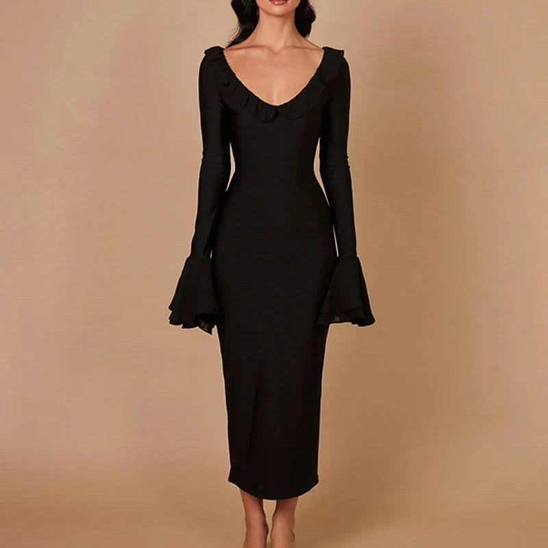 2024 Refined Solid Color O Neck Flare Sleeve Laceup Ruffles Maxi Dress