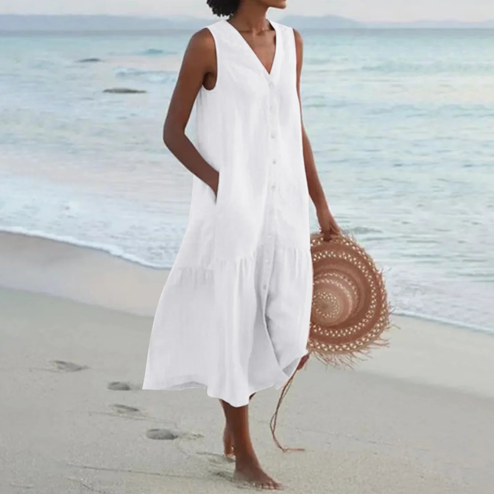 2024 Refined Solid Shirt Summer Sleeveless V Neck Harajuku Maxi Dress
