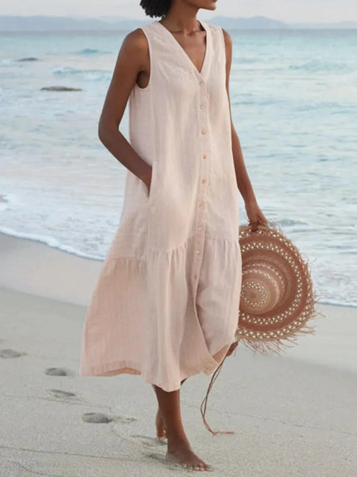 2024 Refined Solid Shirt Summer Sleeveless V Neck Harajuku Maxi Dress
