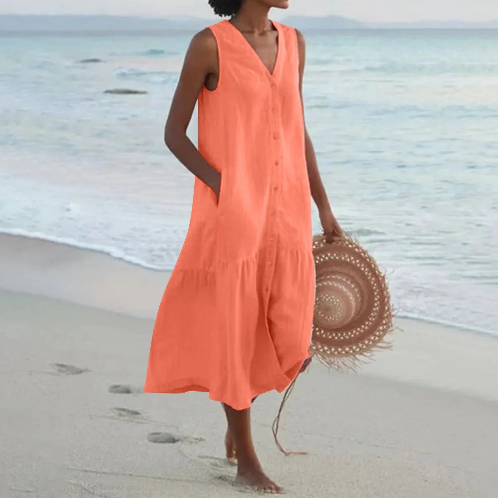 2024 Refined Solid Shirt Summer Sleeveless V Neck Harajuku Maxi Dress