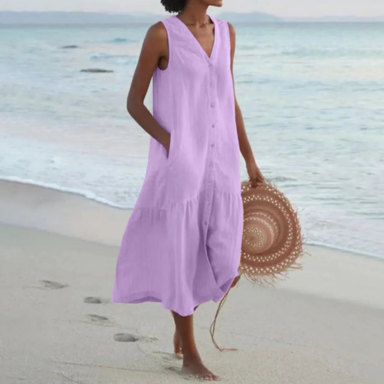 2024 Refined Solid Shirt Summer Sleeveless V Neck Harajuku Maxi Dress