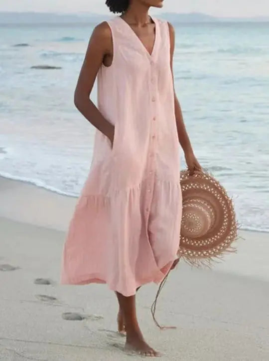 2024 Refined Solid Shirt Summer Sleeveless V Neck Harajuku Maxi Dress
