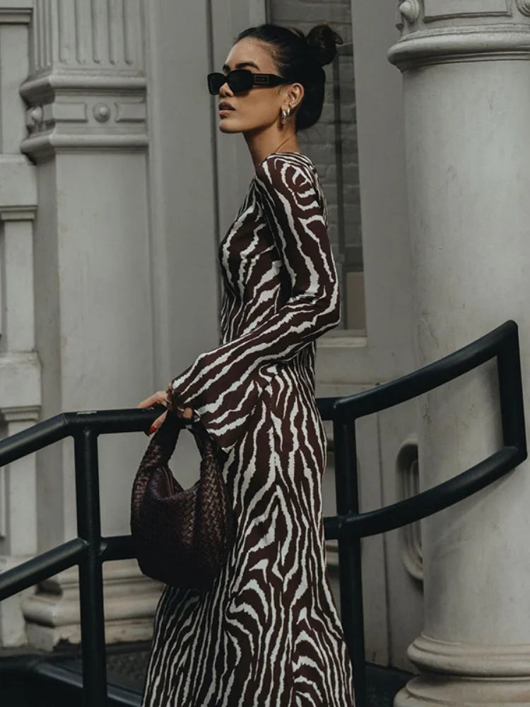2024 Timeless Zebra Print Long Sleeve Party Maxi Dress