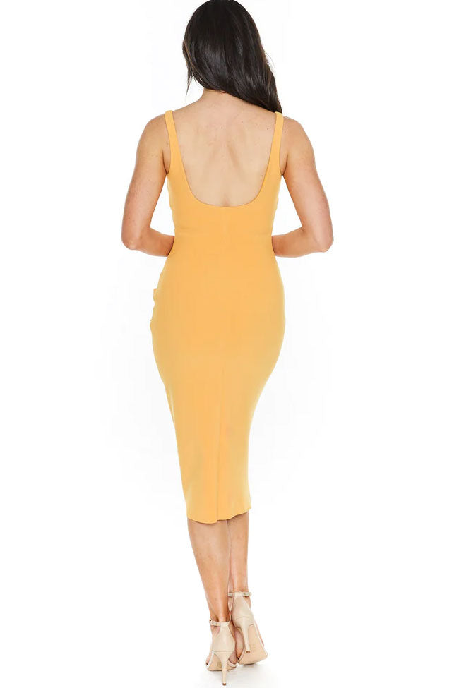 Graceful Square Neck Ruched Trim Sleeveless Bodycon Midi Dress - Yellow