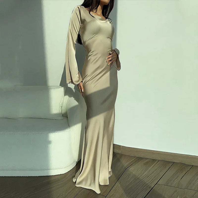 2024 Autumn Style Slim Flare Sleeve Lace Up Maxi Dress