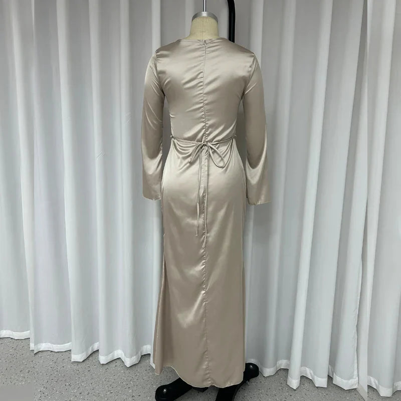 2024 Autumn Style Slim Flare Sleeve Lace Up Maxi Dress