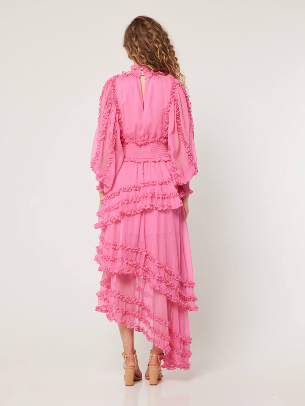 Collar Stand Tierred Ruffles Lantern Sleeve Midi Dress
