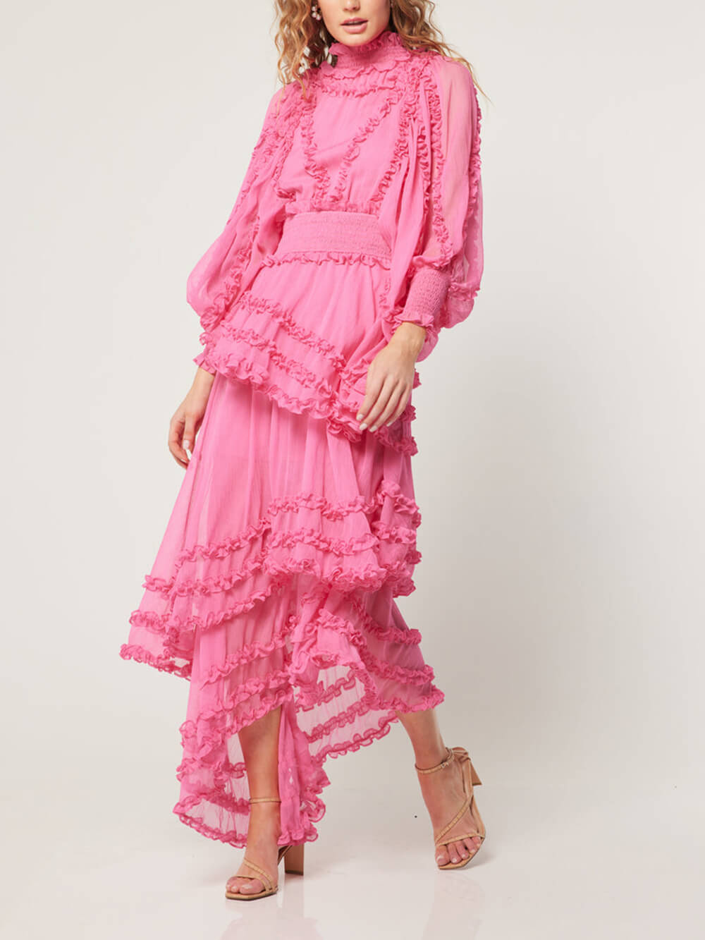 Collar Stand Tierred Ruffles Lantern Sleeve Midi Dress