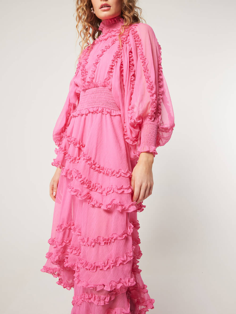 Collar Stand Tierred Ruffles Lantern Sleeve Midi Dress