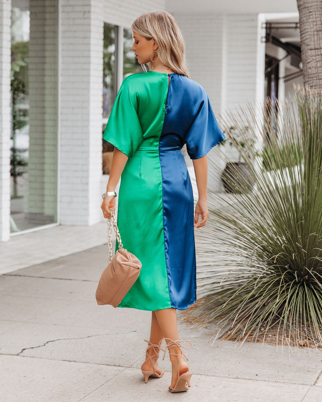 Satin Essex Colorblock Twist Midi Dress Navy Green FINAL