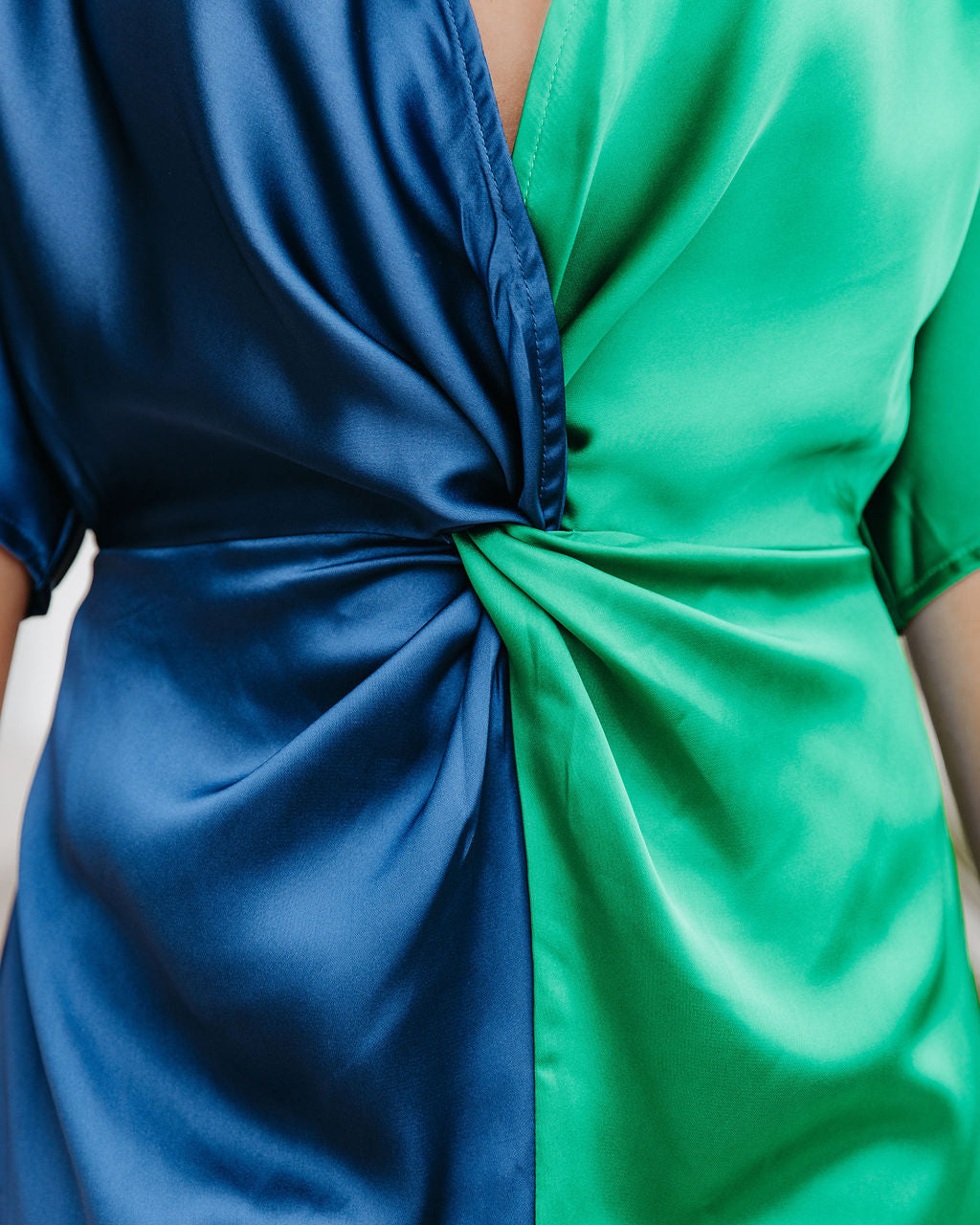 Satin Essex Colorblock Twist Midi Dress Navy Green FINAL