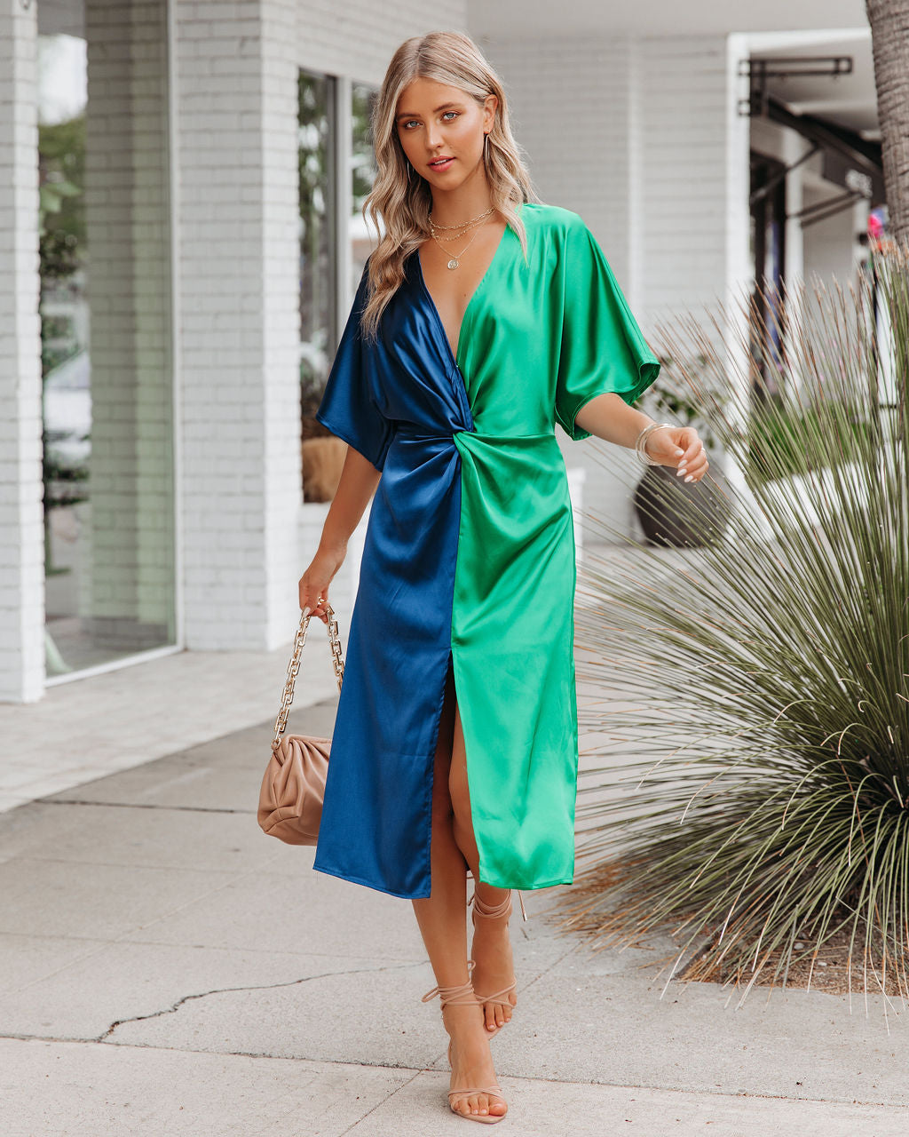 Satin Essex Colorblock Twist Midi Dress Navy Green FINAL