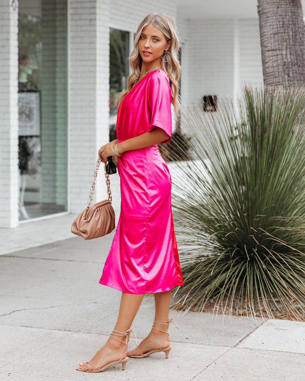 Satin Essex Colorblock Twist Midi Dress Red Pink FINAL