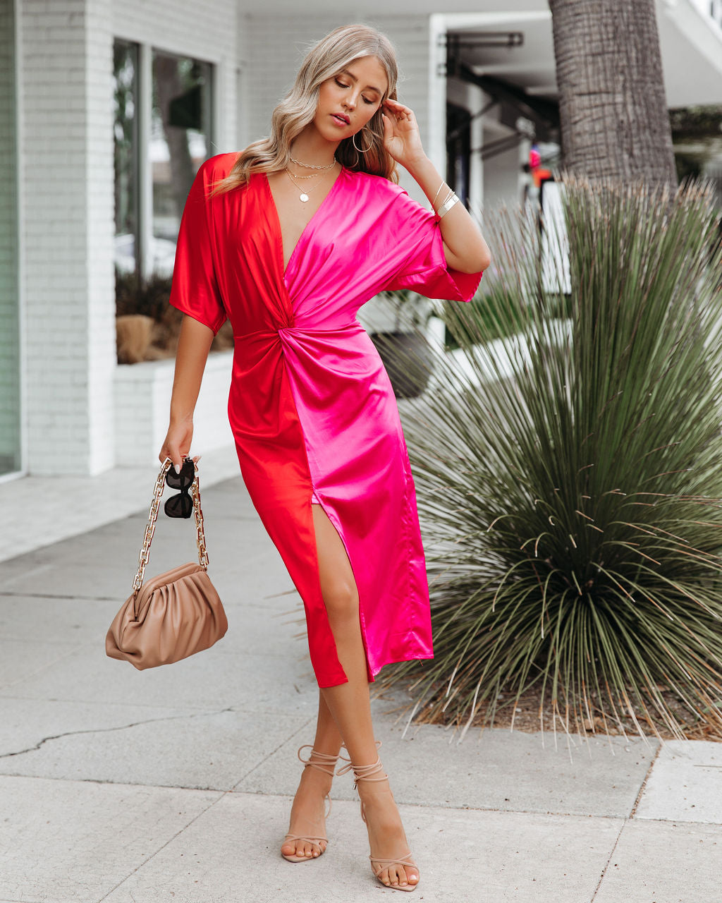 Satin Essex Colorblock Twist Midi Dress Red Pink FINAL