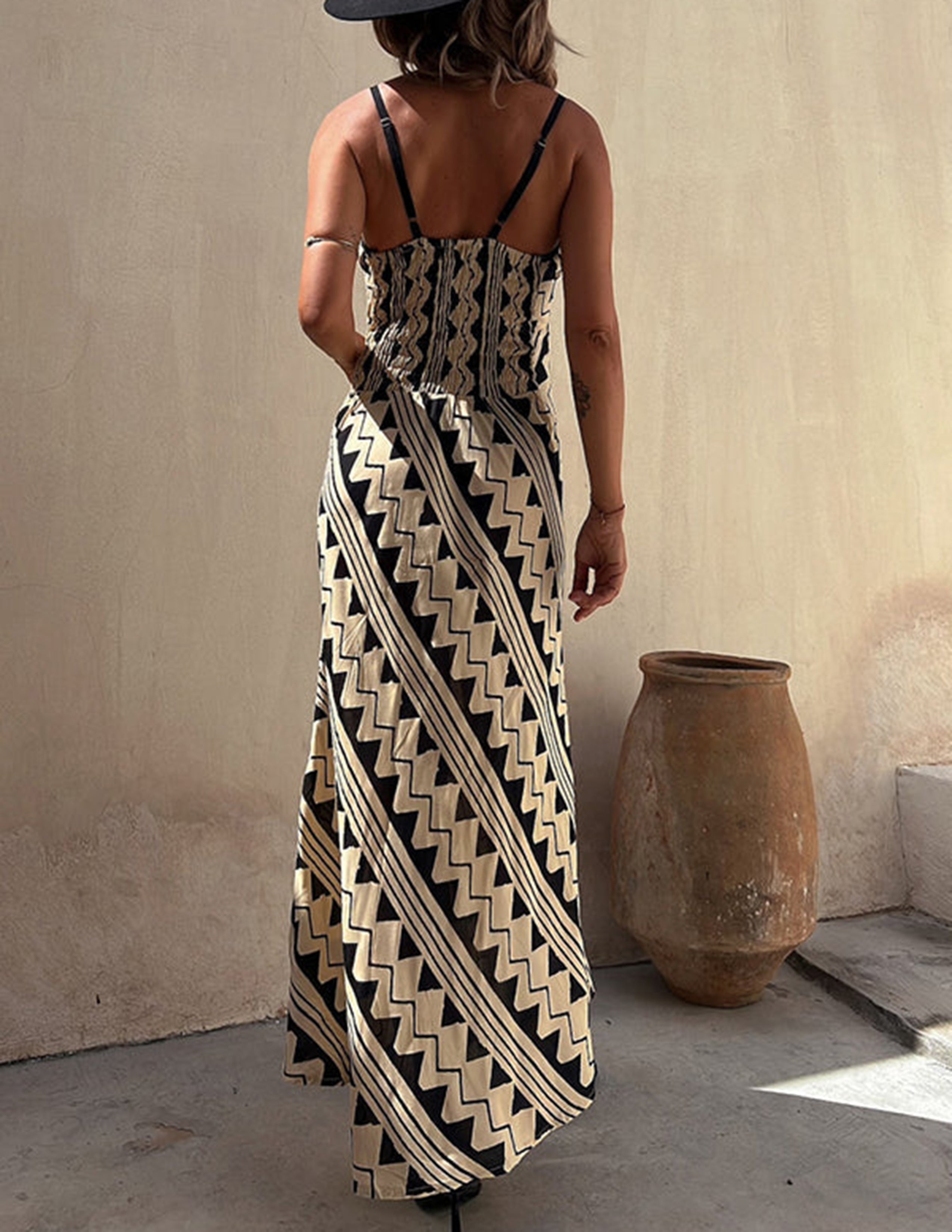 Melody Exclusive Satin Ethnic Print Smocked Back Midi Dress