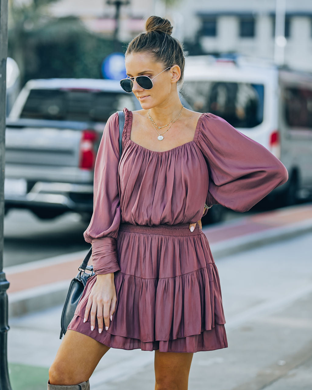 Smocked Ayla Ruffle Mini Dress Dark Mauve FINAL
