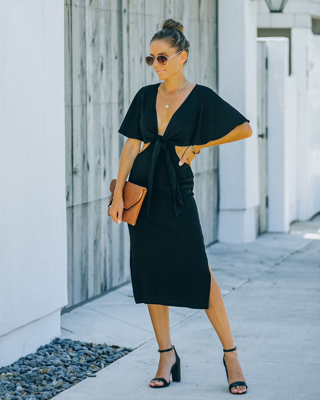Linen Jenner Blend Tie Front Cutout Midi Dress Black FINAL