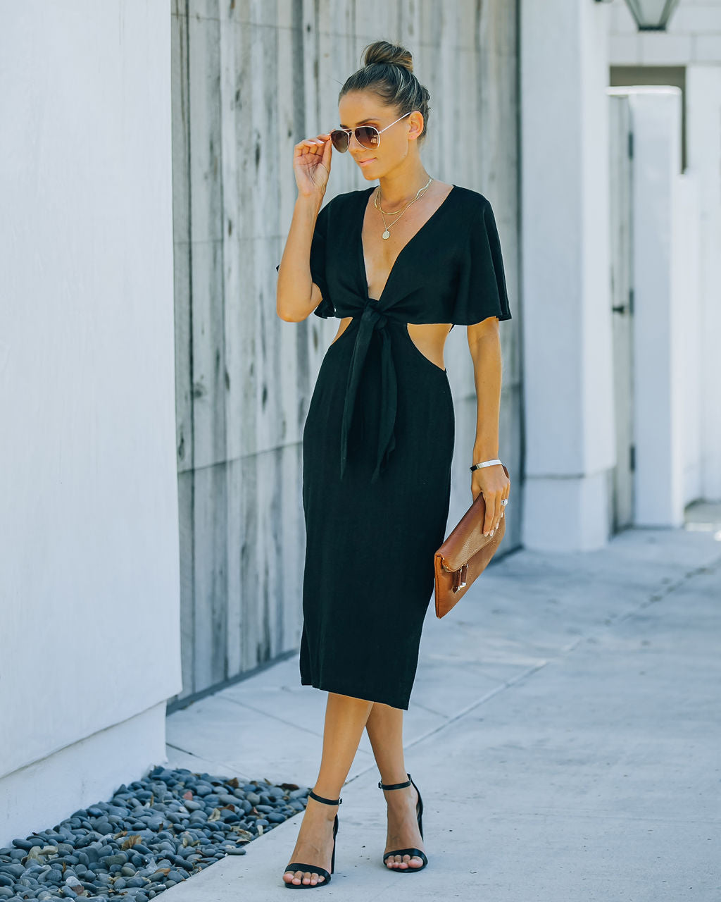 Linen Jenner Blend Tie Front Cutout Midi Dress Black FINAL