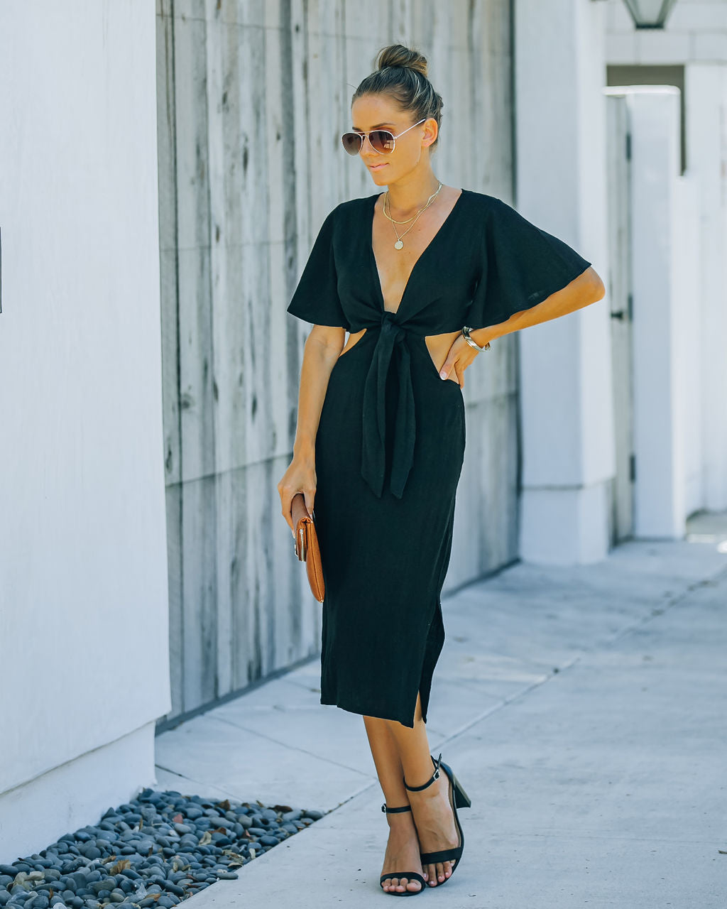 Linen Jenner Blend Tie Front Cutout Midi Dress Black FINAL