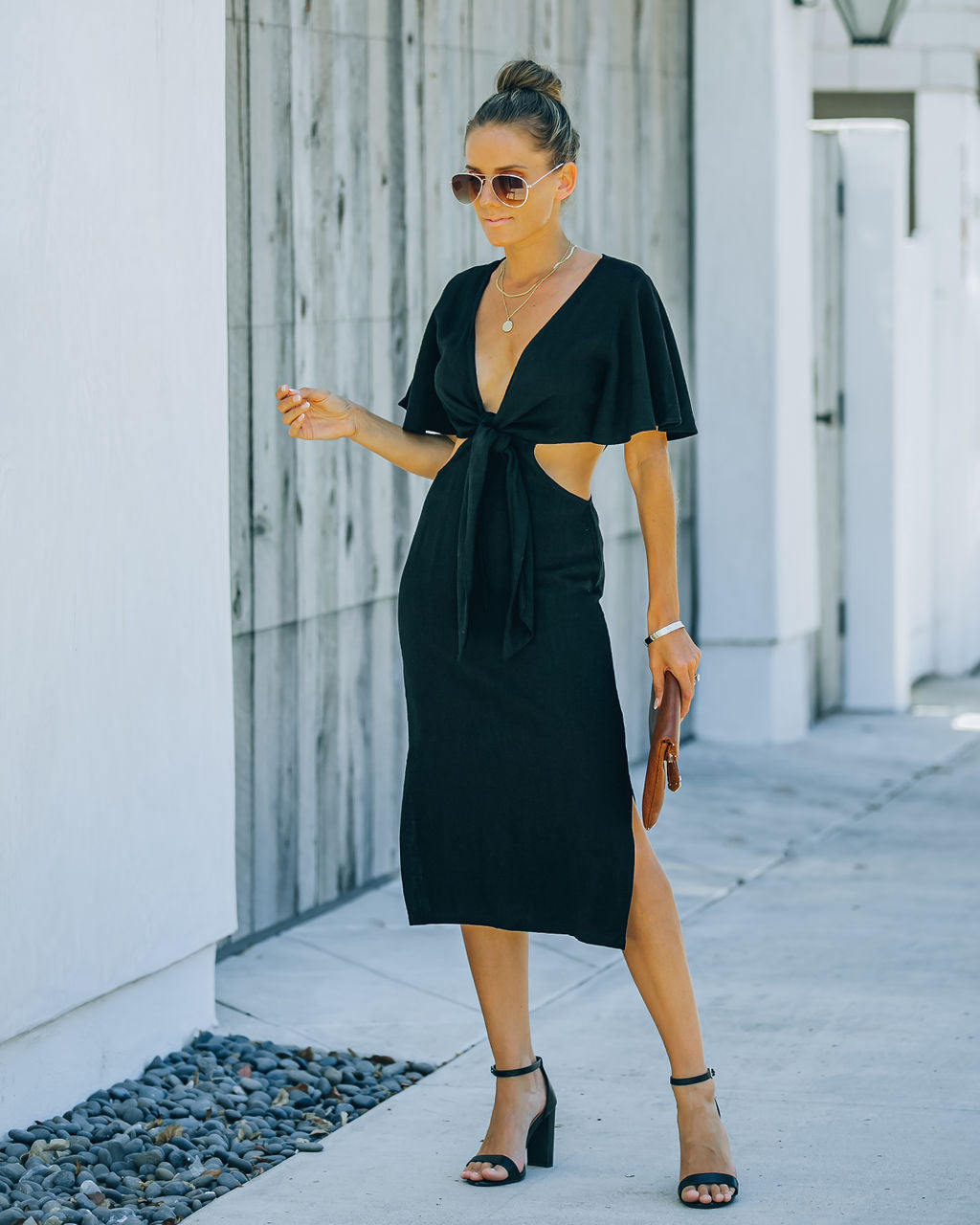 Linen Jenner Blend Tie Front Cutout Midi Dress Black FINAL