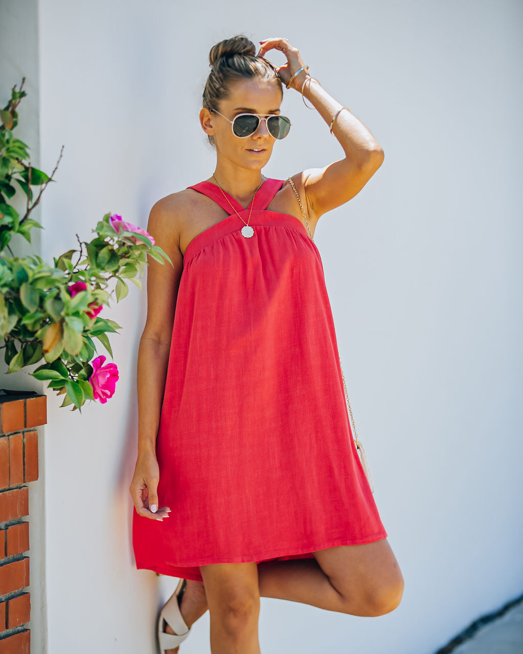 Fun Hot Linen Blend Halter Dress Hot Pink