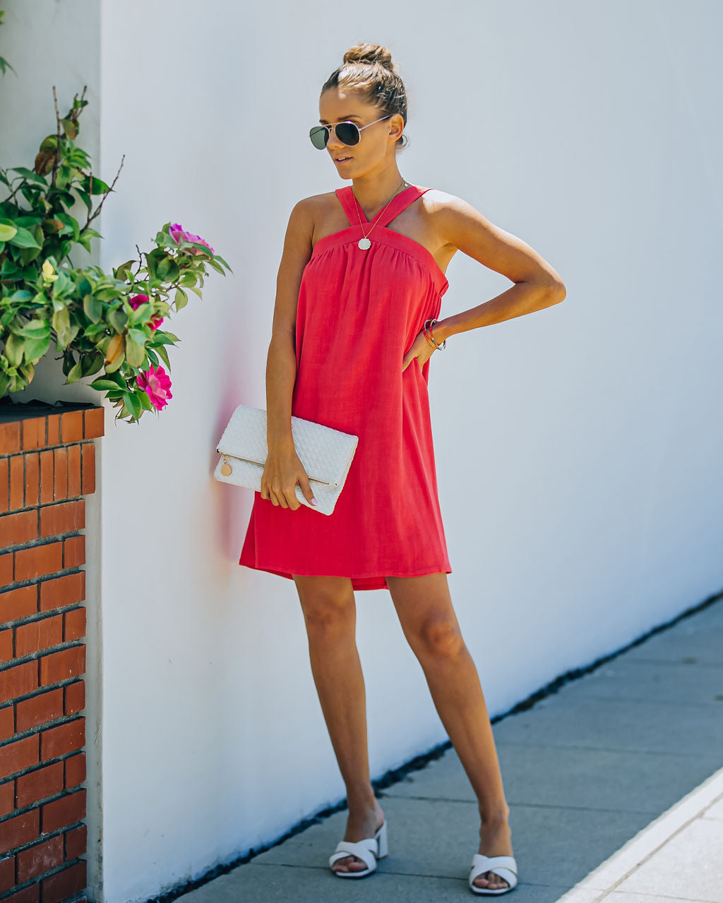 Fun Hot Linen Blend Halter Dress Hot Pink