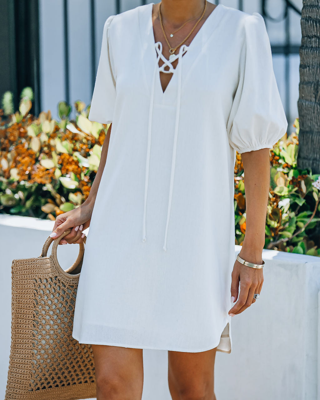 Linen Lakeshore Blend Puff Sleeve Dress Ivory