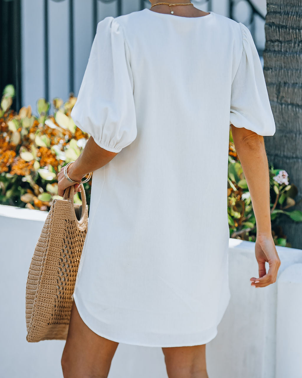 Linen Lakeshore Blend Puff Sleeve Dress Ivory