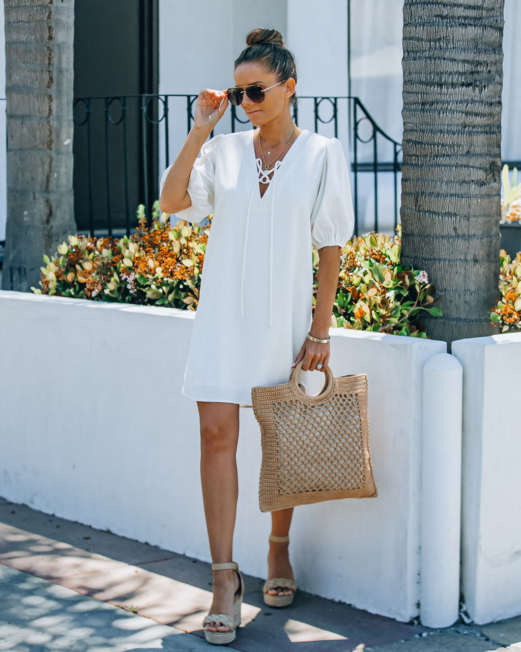 Linen Lakeshore Blend Puff Sleeve Dress Ivory