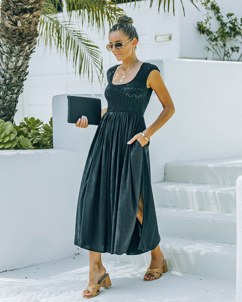 Pocketed Naite Smocked Midi Dress Black