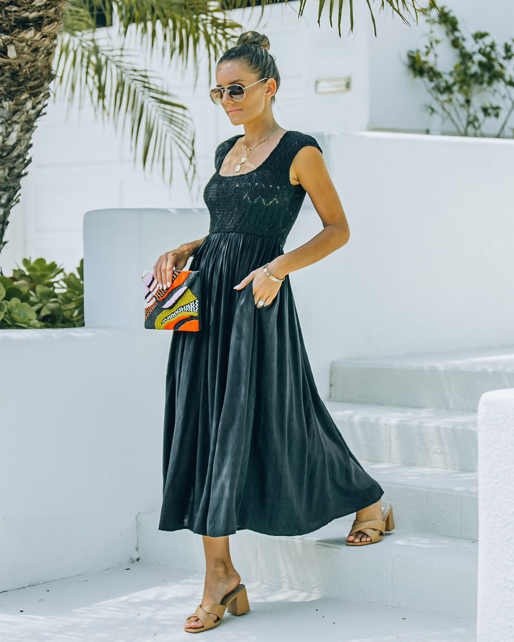 Pocketed Naite Smocked Midi Dress Black