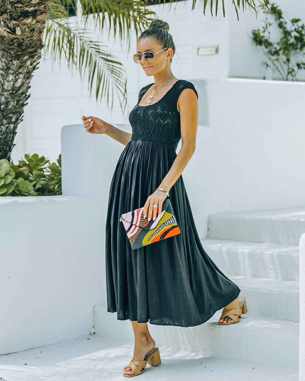Pocketed Naite Smocked Midi Dress Black