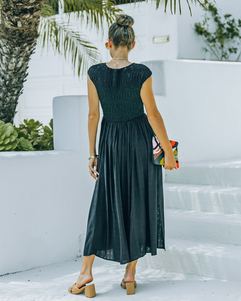 Pocketed Naite Smocked Midi Dress Black