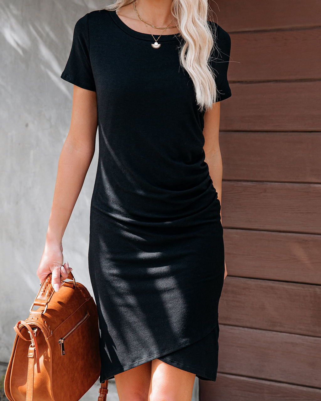 Short Francesca Sleeve Ruched Knit Dress Black