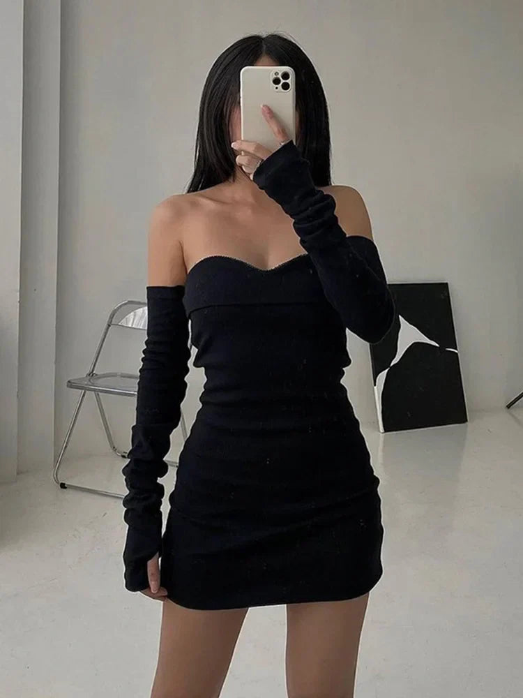 Shoulder Off Autumn Long Basic Black Slash Neck Clothes Midi Dresses