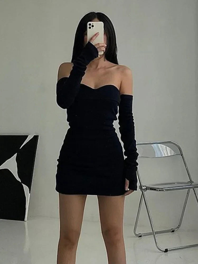 Shoulder Off Autumn Long Basic Black Slash Neck Clothes Midi Dresses