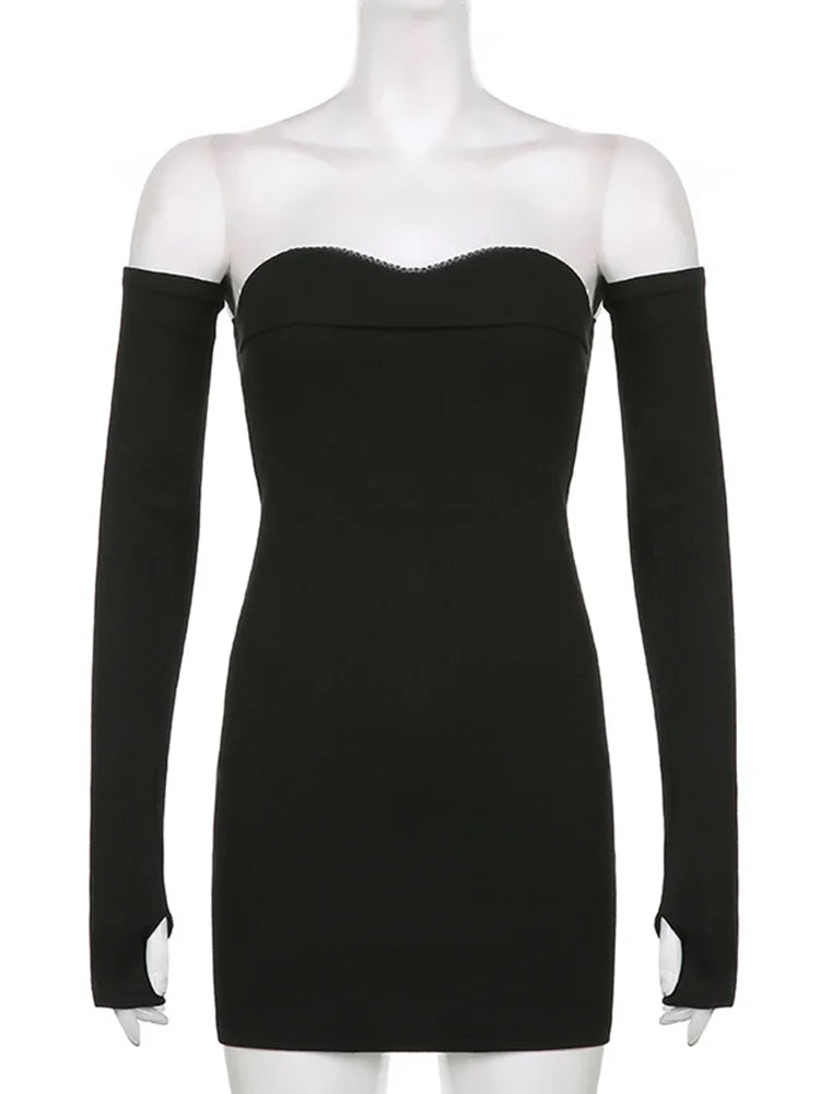 Shoulder Off Autumn Long Basic Black Slash Neck Clothes Midi Dresses