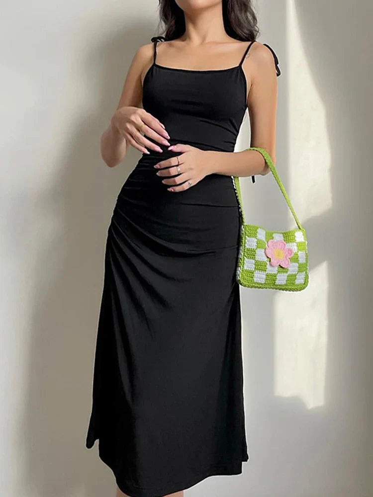 Strappy Fashion Black Irregular Backless Summer Clothes Midi Dresses