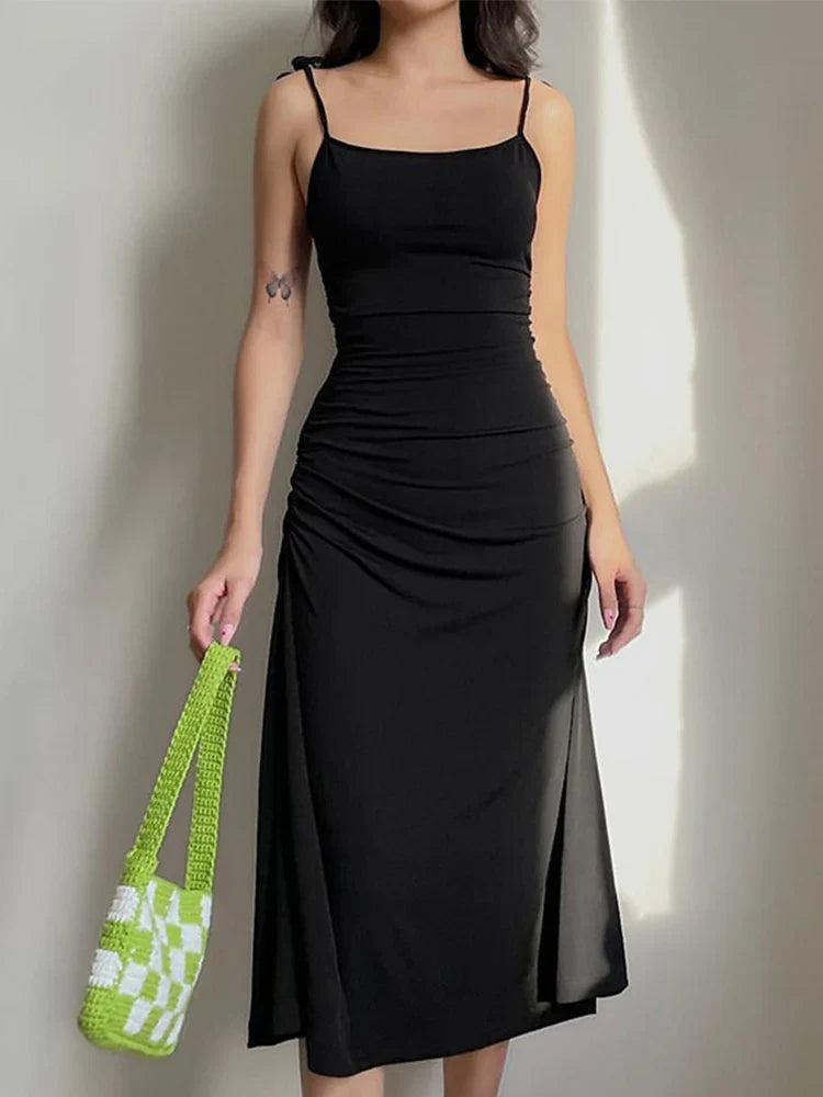 Strappy Fashion Black Irregular Backless Summer Clothes Midi Dresses