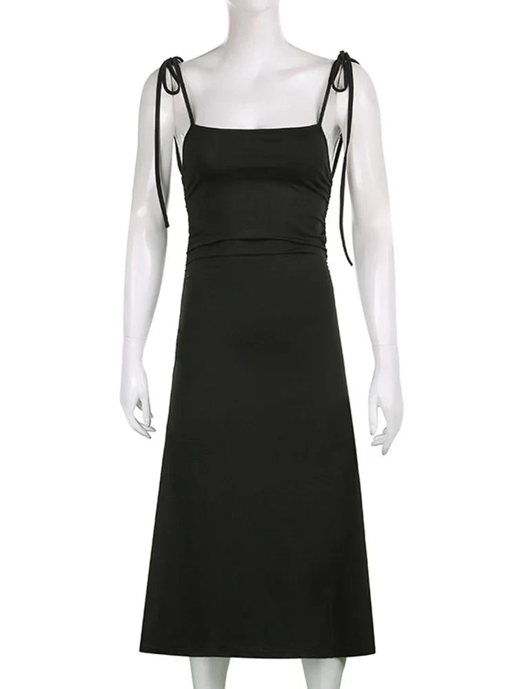 Strappy Fashion Black Irregular Backless Summer Clothes Midi Dresses