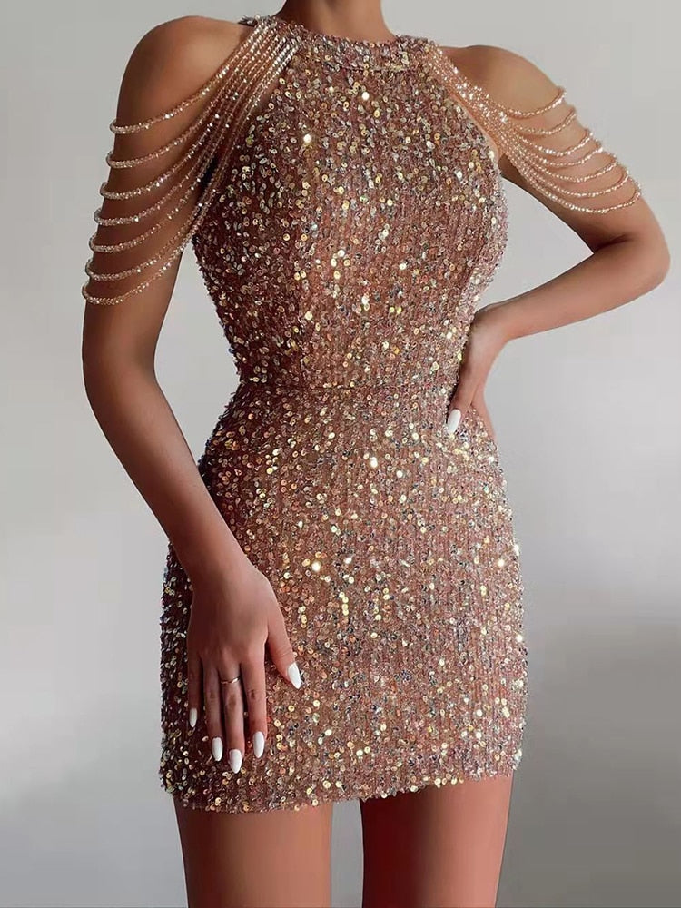 Kissnovaa - Neck Hanging Sexy Crystal Fringe Sequin Dress