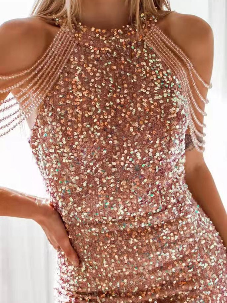 Kissnovaa - Neck Hanging Sexy Crystal Fringe Sequin Dress