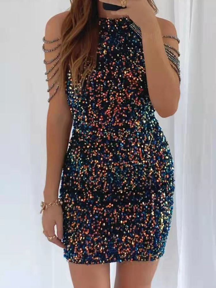 Kissnovaa - Neck Hanging Sexy Crystal Fringe Sequin Dress